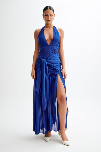 Satin Chiffon Plunge Maxi Dress