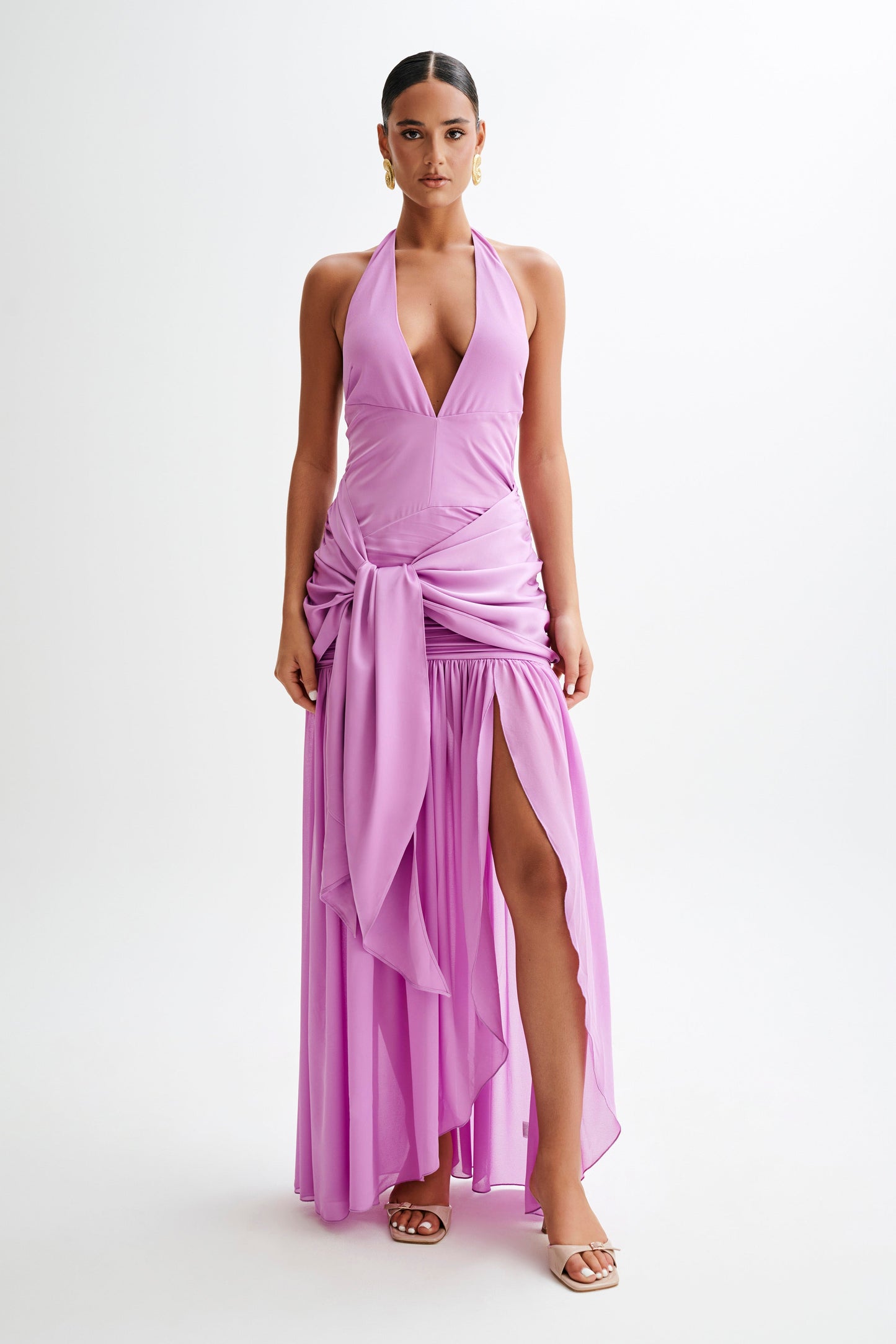 Satin Chiffon Plunge Maxi Dress