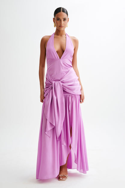 Satin Chiffon Plunge Maxi Dress