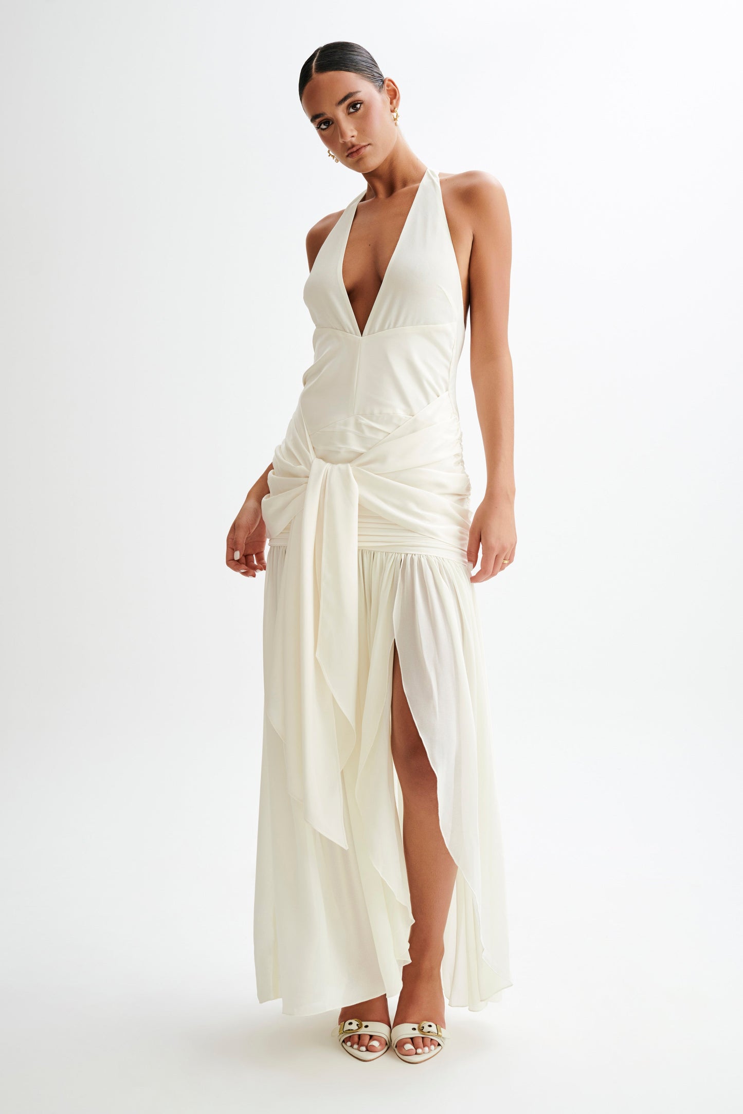 Satin Chiffon Plunge Maxi Dress