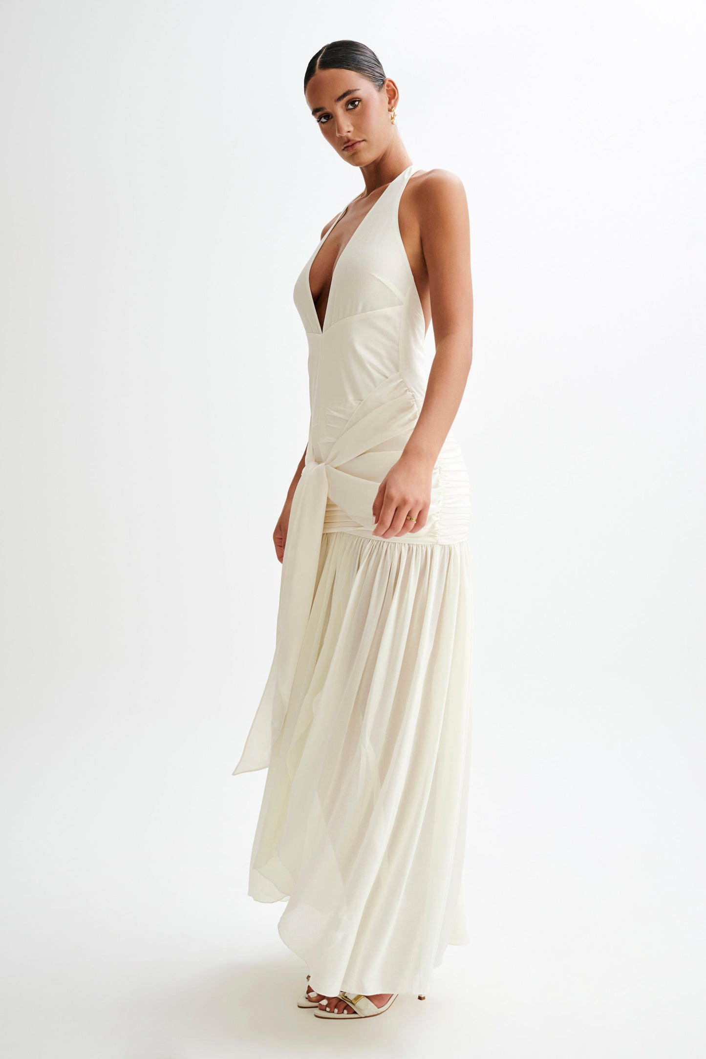 Satin Chiffon Plunge Maxi Dress