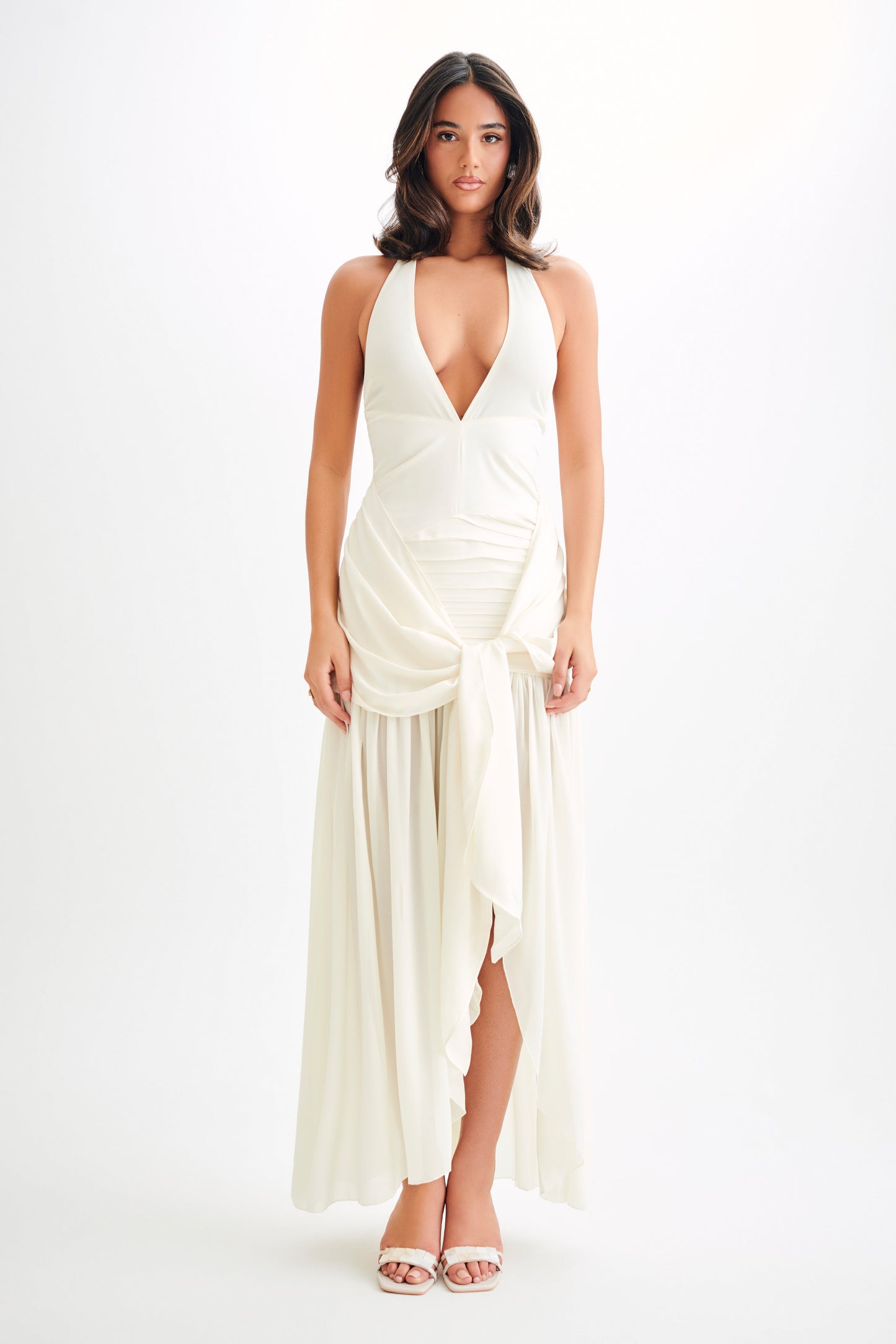 Satin Chiffon Plunge Maxi Dress