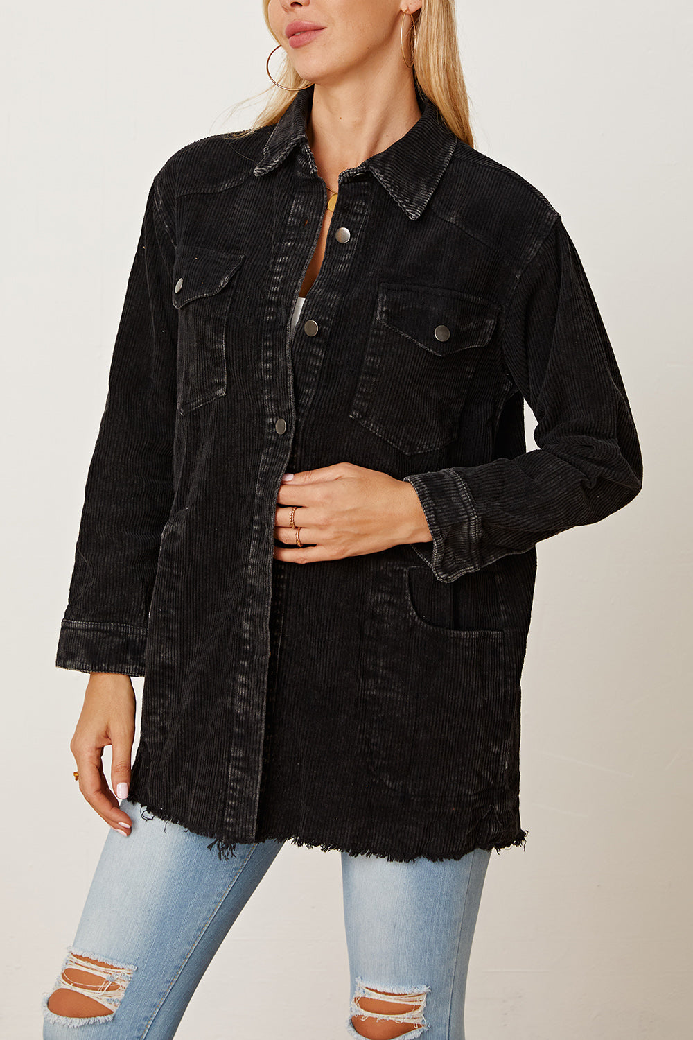 Raw Hem Pocketed Button Up Jacket