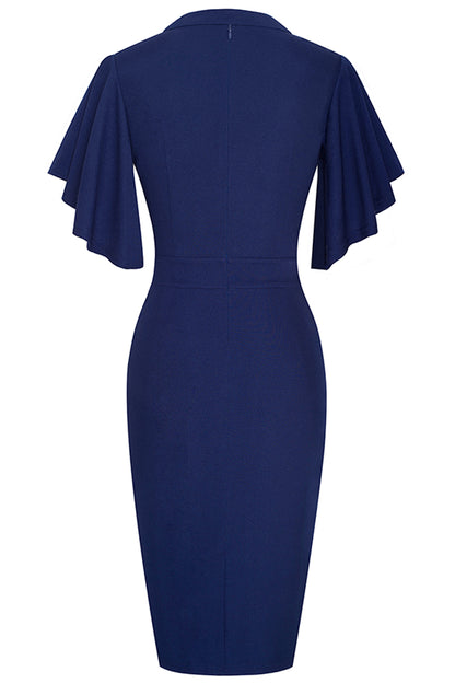 Notched Neck Flutter Sleeve Pencil Dress