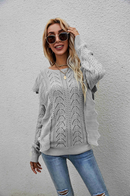 Openwork Round Neck Ruffled Sweater