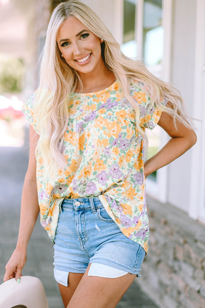 Printed Round Neck Cap Sleeve Blouse