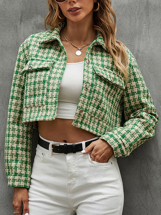 Plaid Button Up Collared Neck Long Sleeve Jacket