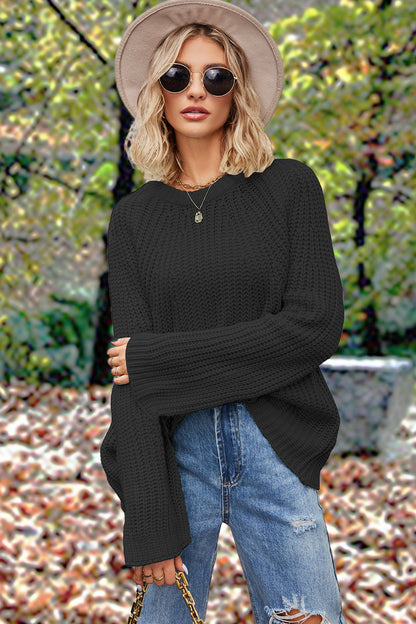 Openwork Round Neck Long Sleeve Sweater