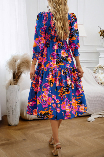 Printed Smocked Lantern Sleeve Ruffled Dress