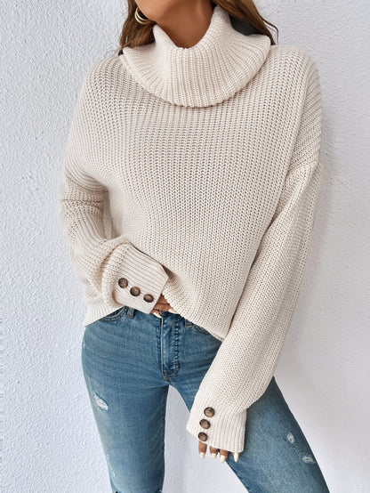 Woven Right Decorative Button Turtleneck Dropped Shoulder Sweater