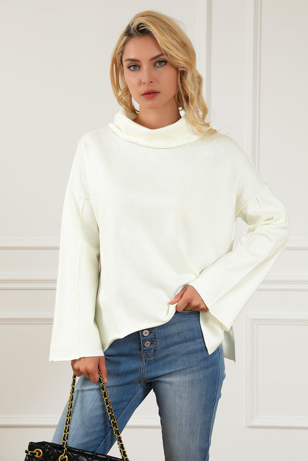 Slit Mock Neck Dropped Shoulder Sweater