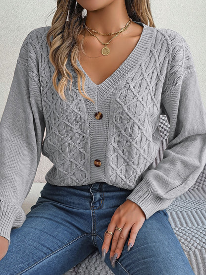 Cable-Knit V-Neck Lantern Sleeve Sweater