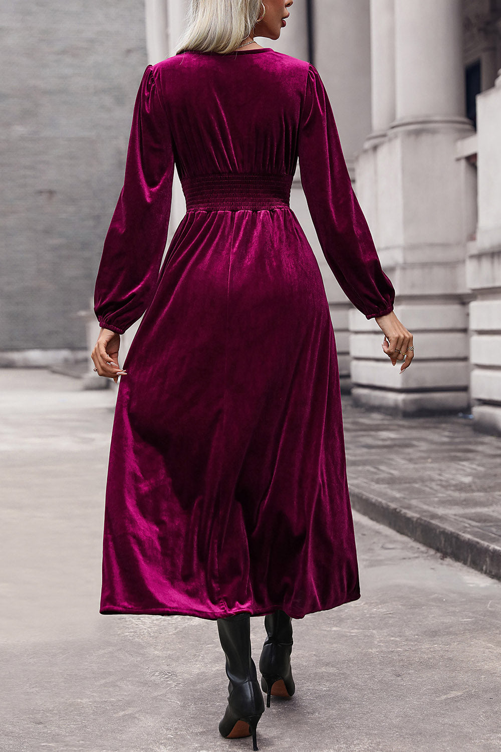 Lace Detail V-Neck Balloon Sleeve Midi Dress