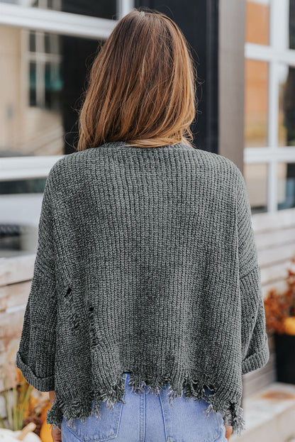 Distressed Pocketed Raw Hem Sweater