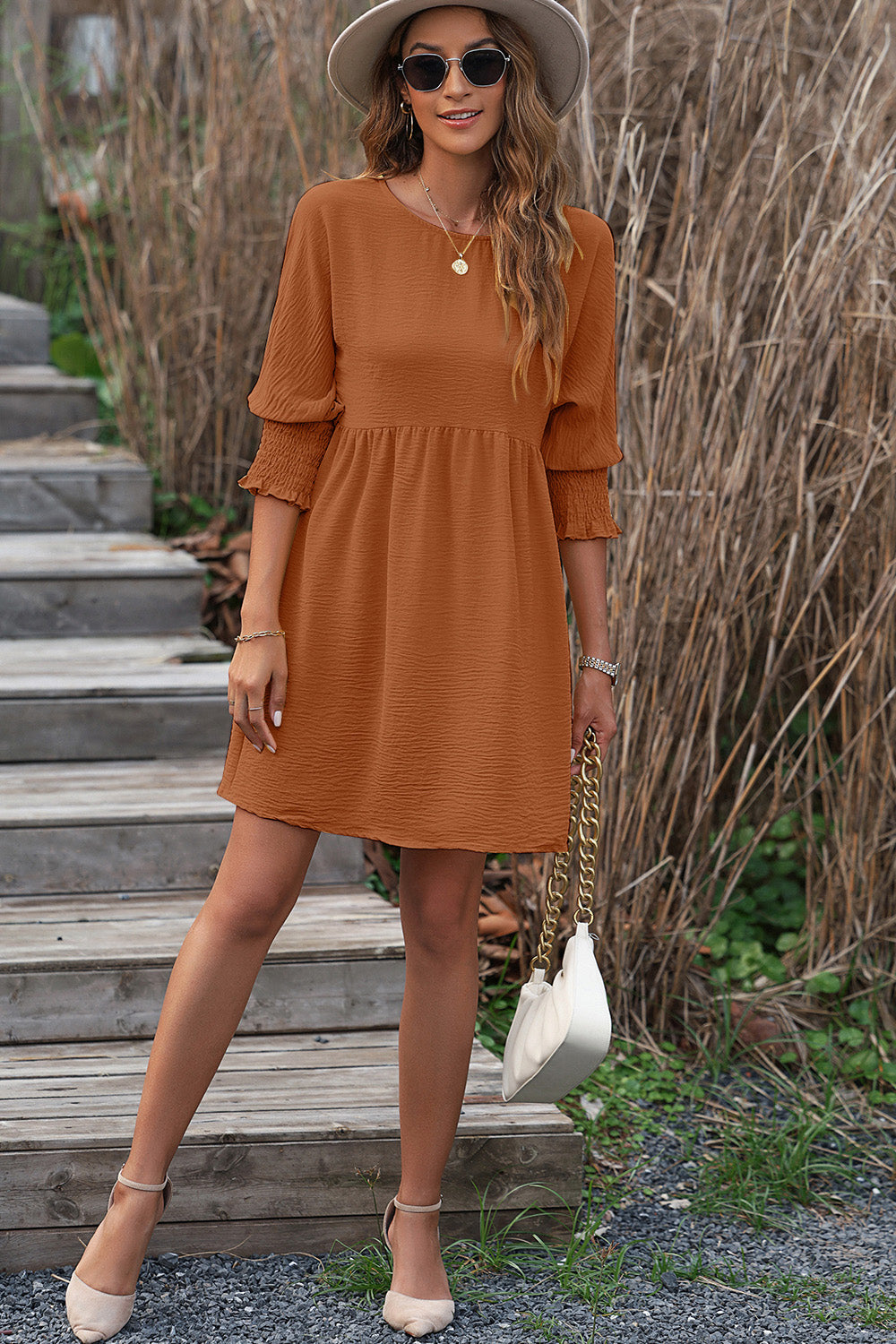 Round Neck Lantern Sleeve Mini Dress