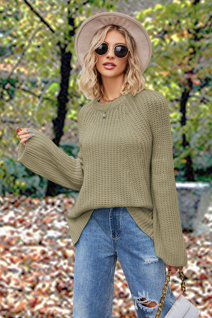 Openwork Round Neck Long Sleeve Sweater