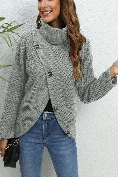 Buttoned Turtleneck Long Sleeve Sweater