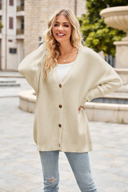 Ribbed Button Up Dropped Shoulder Cardigan