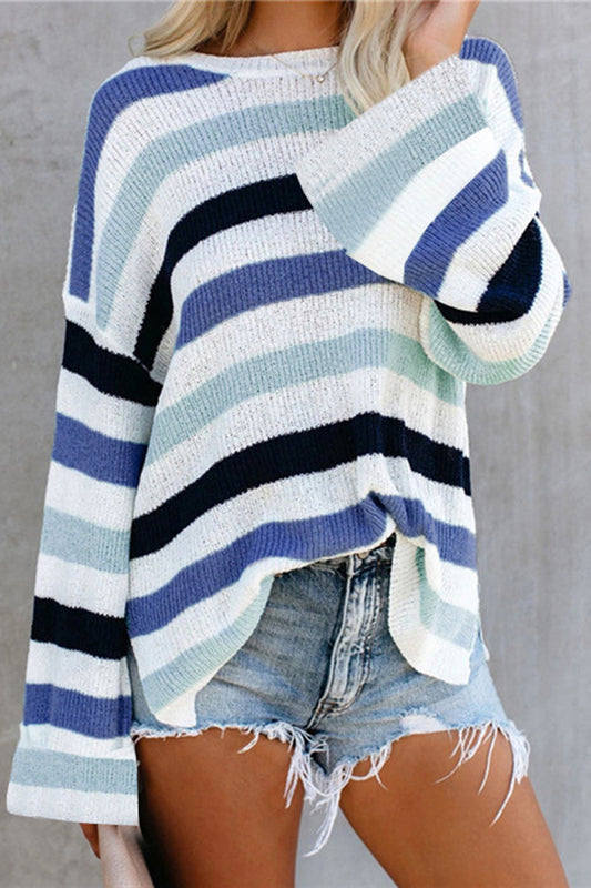 Striped Slit Round Neck Dropped Shoulder Sweater