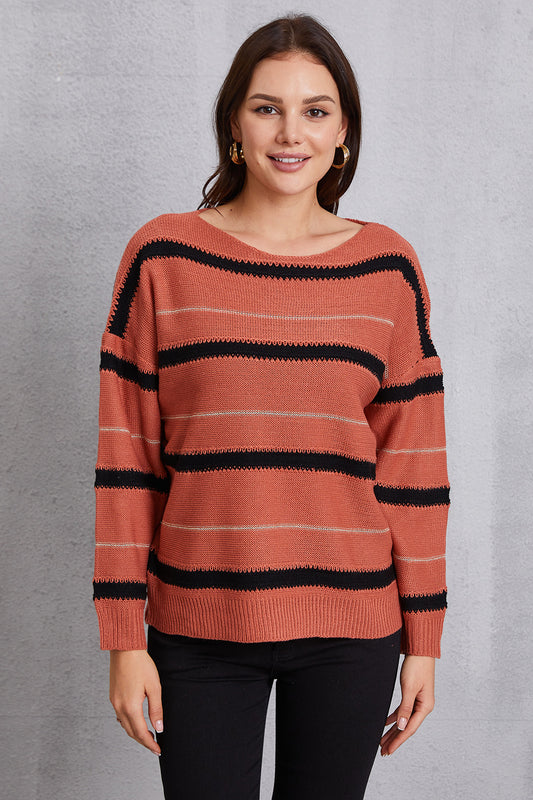 Striped Round Neck Dropped Shoulder Sweater