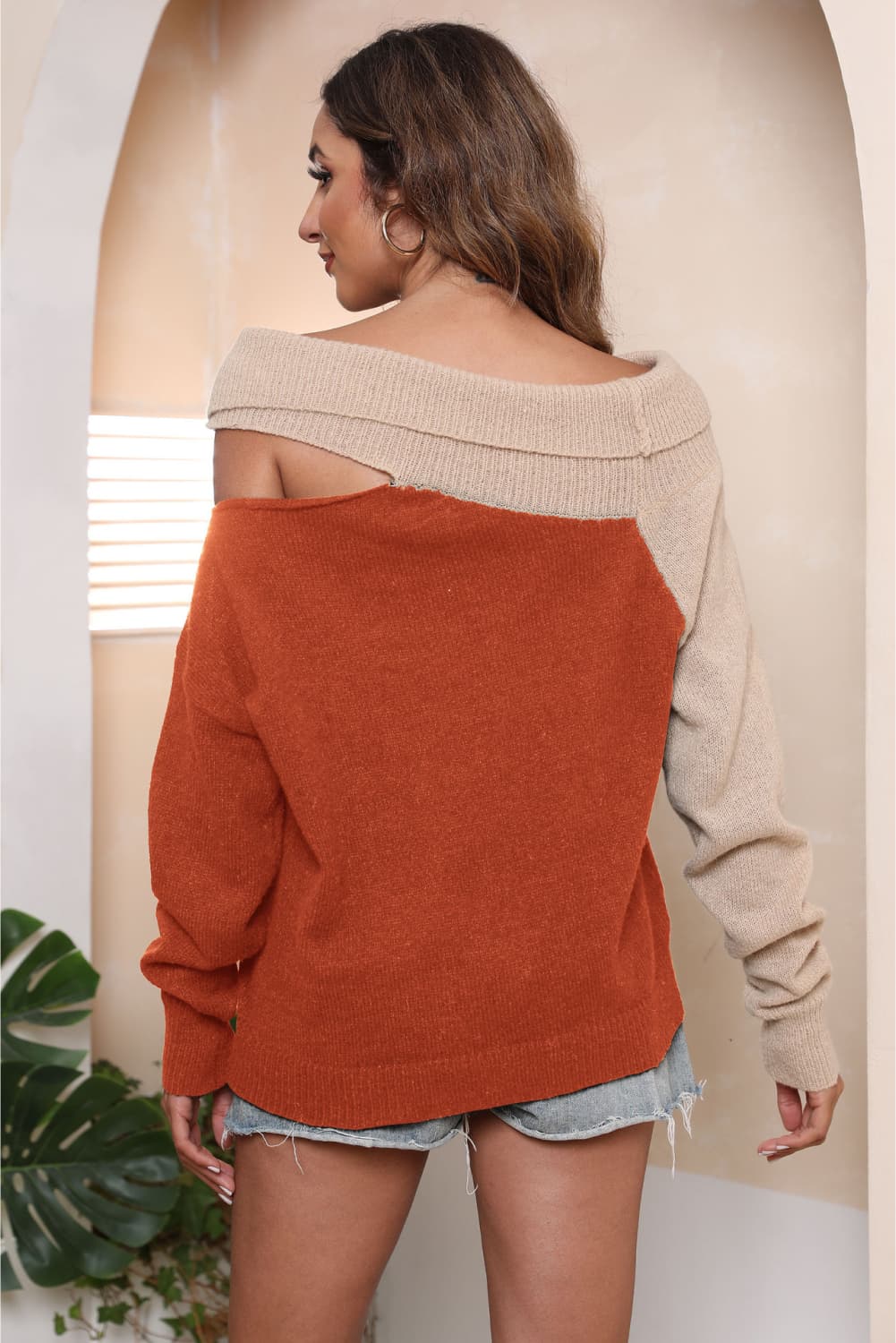 Asymmetrical Long Sleeve Two-Tone Cutout Sweater