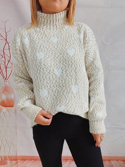 Heart Heathered Turtleneck Drop Shoulder Sweater