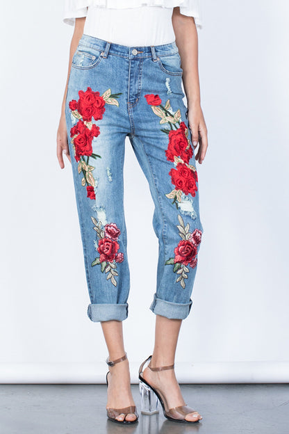 Full Size Flower Embroidery Buttoned Jeans