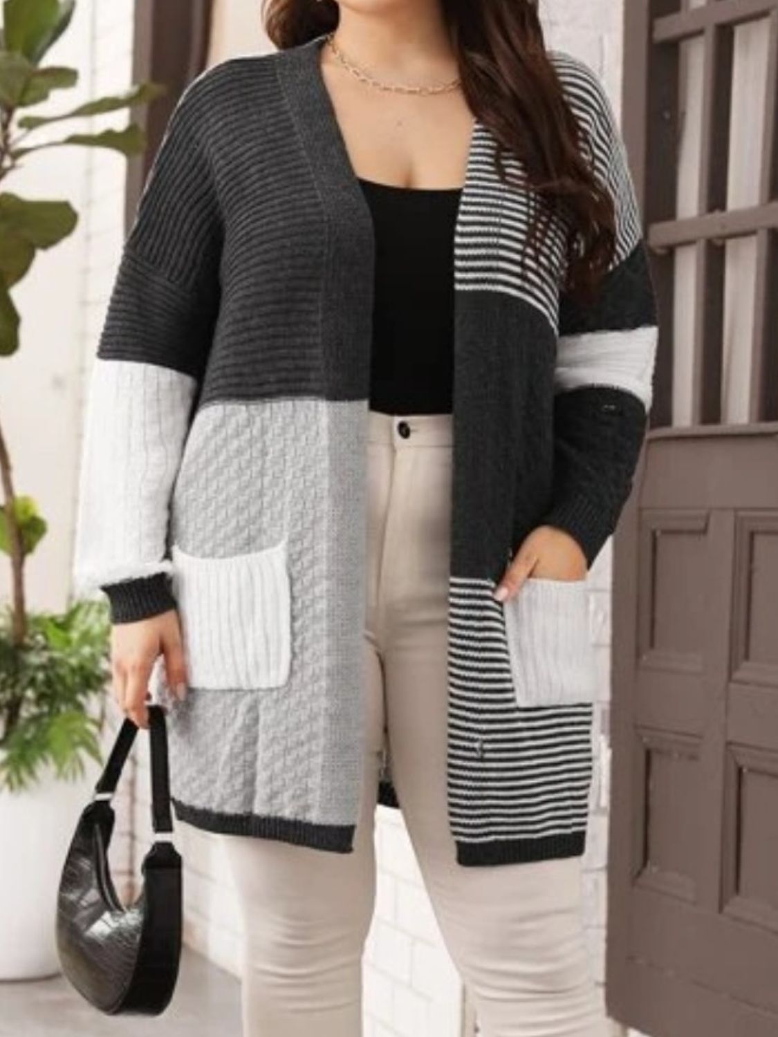 Plus Size Color Block Pocketed Dropped Shoulder Cardigan