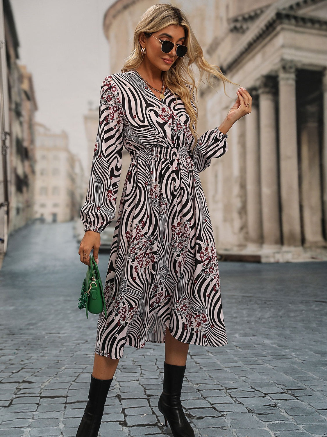 Animal Print Smocked Surplice Long Sleeve Dress