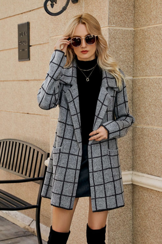 Double Take Printed Open Front Lapel Collar Cardigan with Pockets