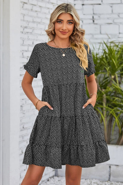 Polka Dot Round Neck Tiered Dress