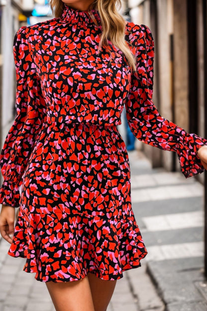 Heart Printed Mock Neck Flounce Sleeve Dress