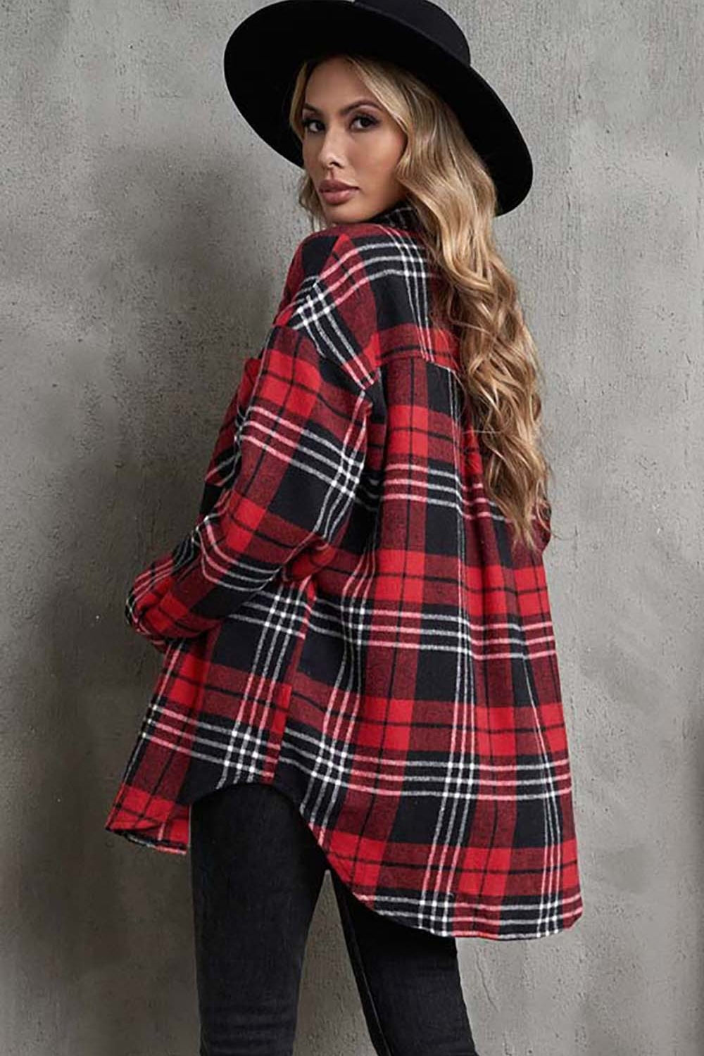 Plaid Collared Neck Button Up Jacket with Pockets