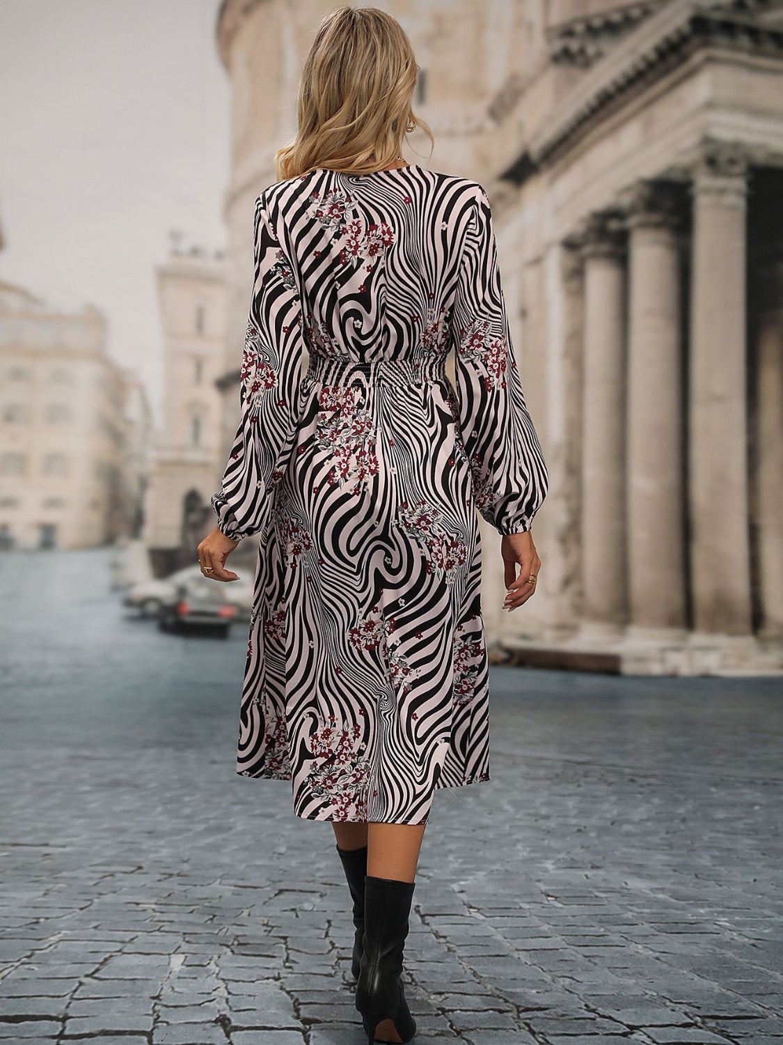 Animal Print Smocked Surplice Long Sleeve Dress