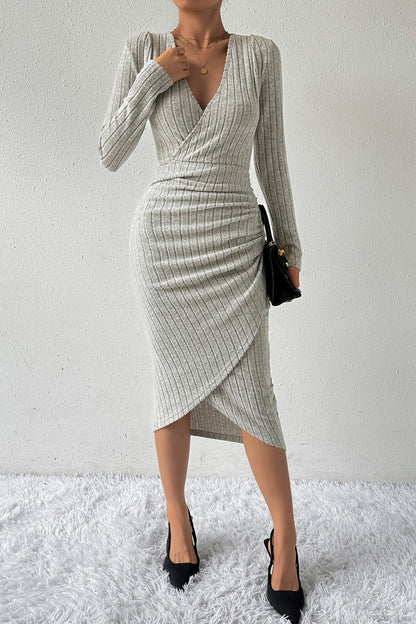 Ribbed Surplice Long Sleeve Midi Dress