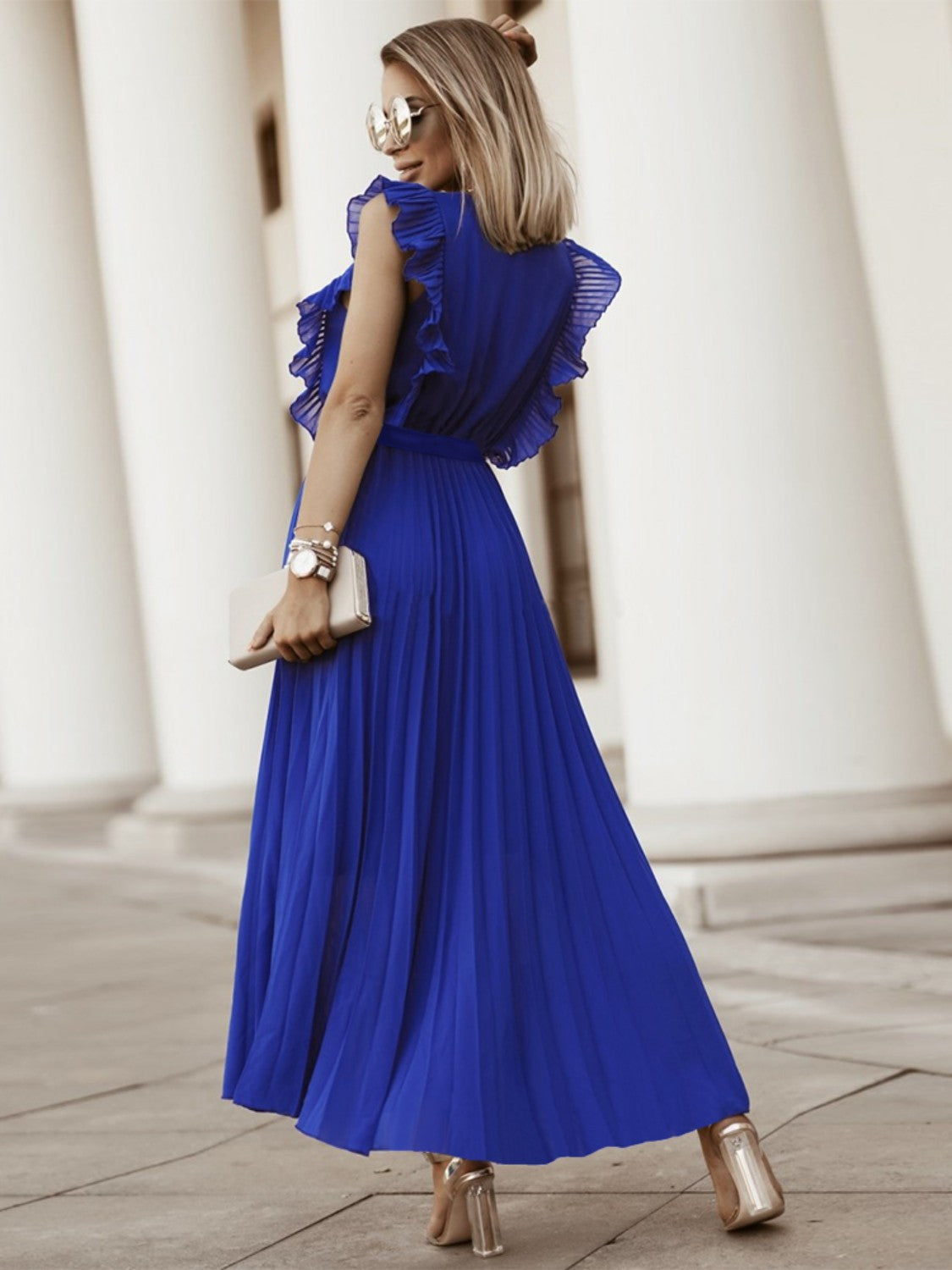 Tied Surplice Cap Sleeve Pleated Dress