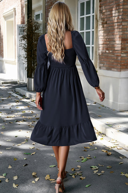 Square Neck Balloon Sleeve Midi Dress