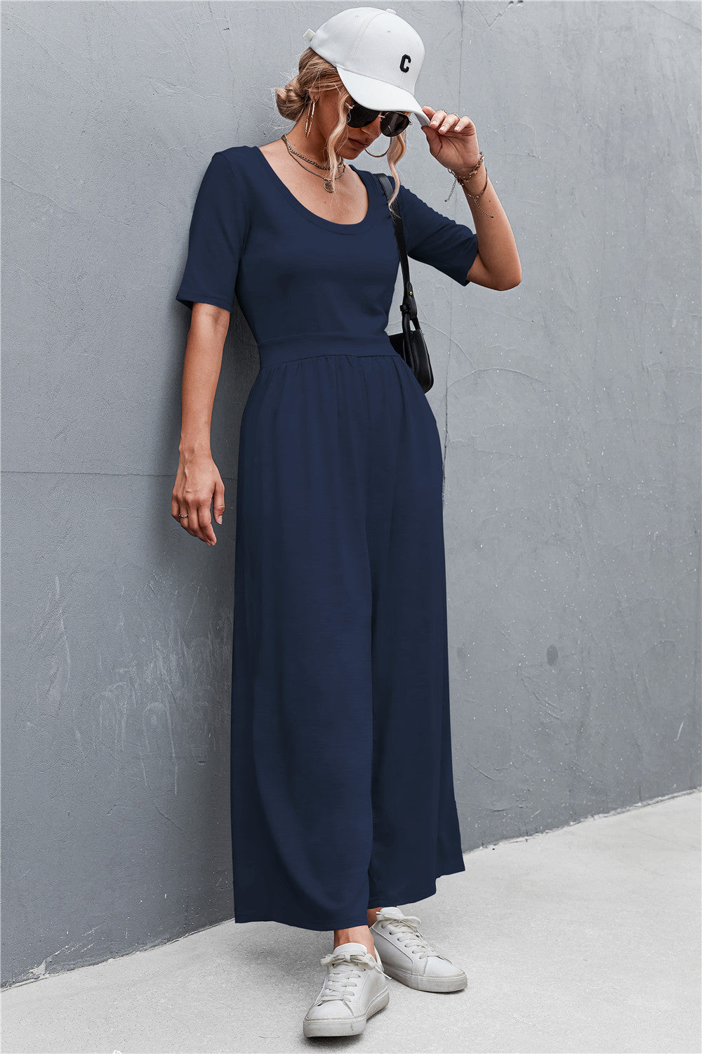 Scoop Neck Half Sleeve Wide Leg Jumpsuit