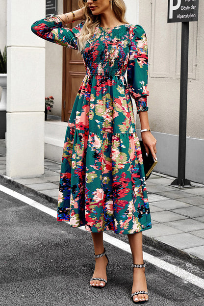 Printed Smocked Lantern Sleeve Ruffled Dress