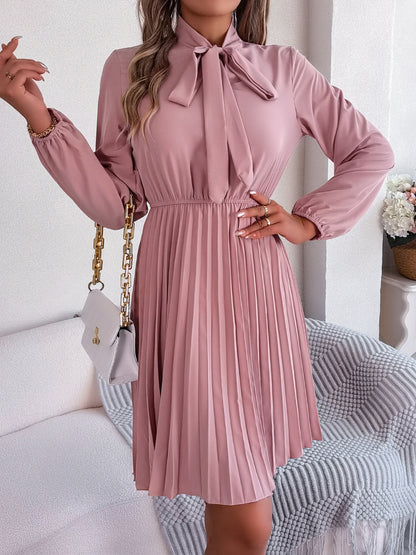 Tie Neck Balloon Sleeve Pleated Dress