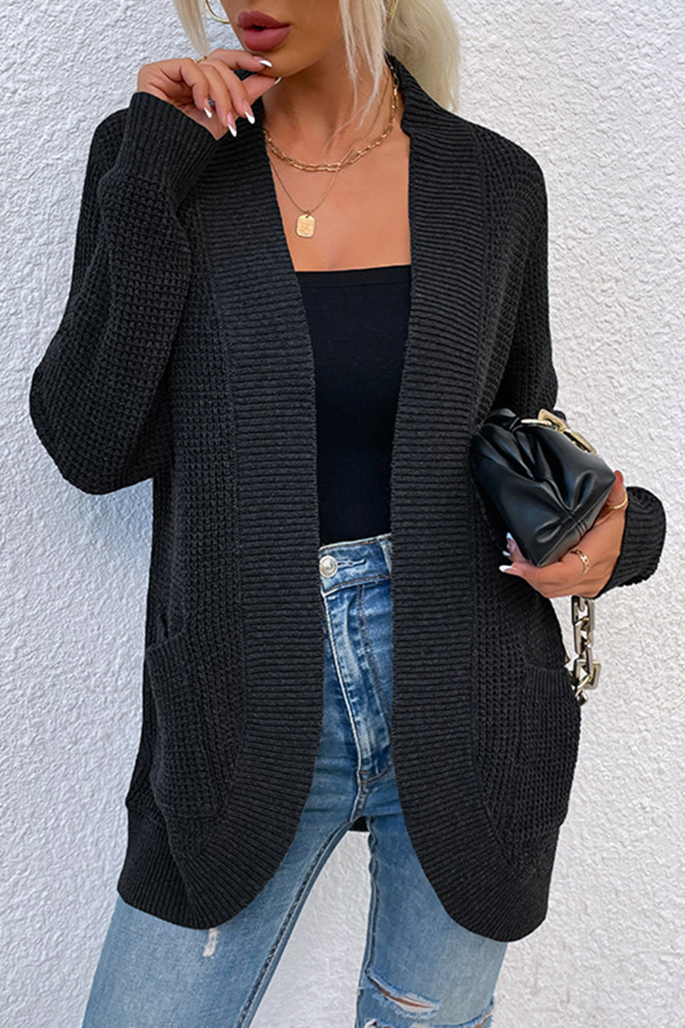 Open Front Rib-Knit Cardigan with Pockets