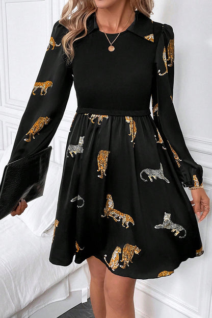 Animal Collared Neck Balloon Sleeve Mini Dress