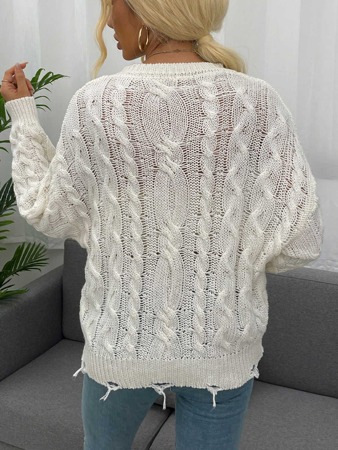 Openwork Distressed Long Sleeve Sweater