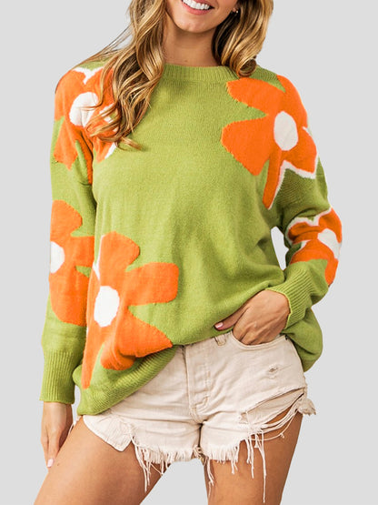 Flower Round Neck Dropped Shoulder Sweater