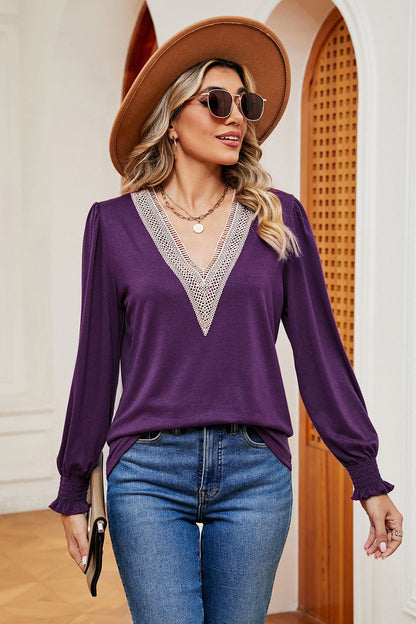 Lace Detail V-Neck Lantern Sleeve T-Shirt