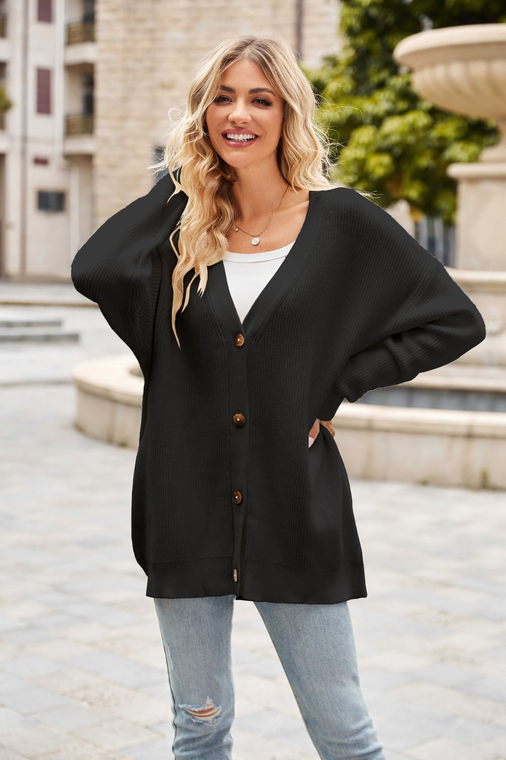 Ribbed Button Up Dropped Shoulder Cardigan