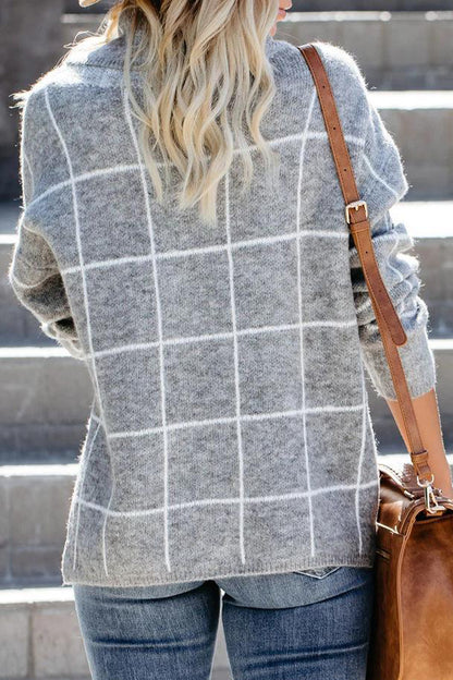 Plaid Turtleneck Drop Shoulder Sweater