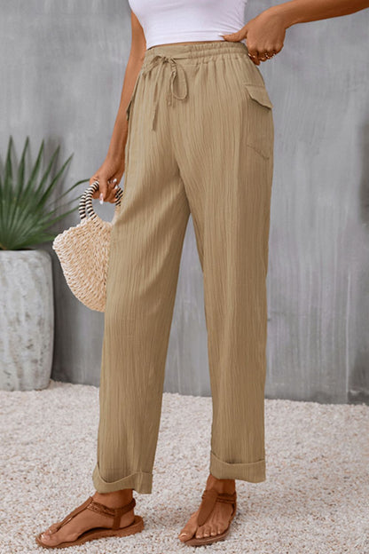 Tie Waist Pocketed Long Pants