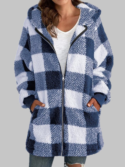 Plaid Zip-Up Hooded Jacket with Pockets