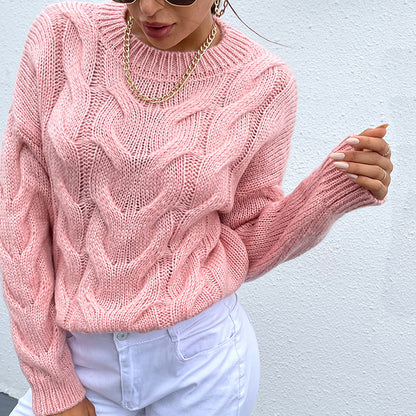 Cable-Knit Round Neck Long Sleeve Sweater